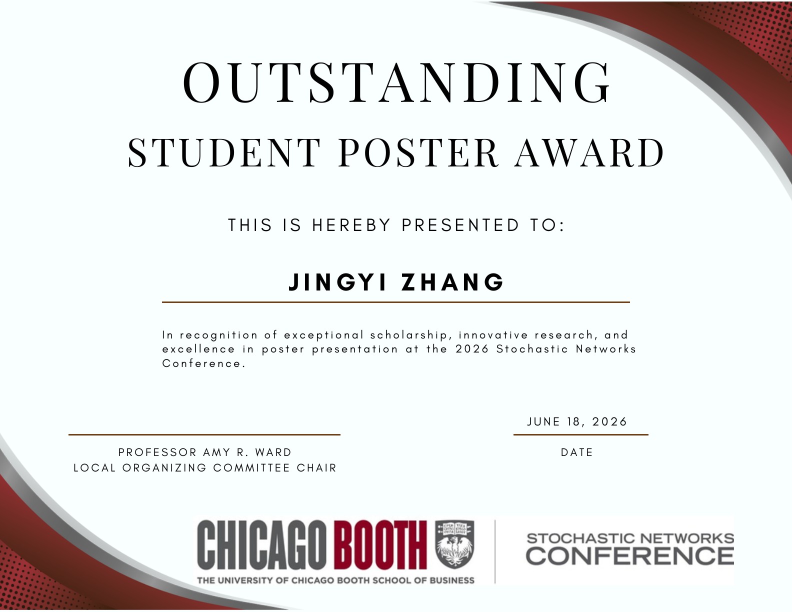 Outstanding Student Poster Award certificate presented to Jingyi Zhang at the 2026 Stochastic Networks Conference