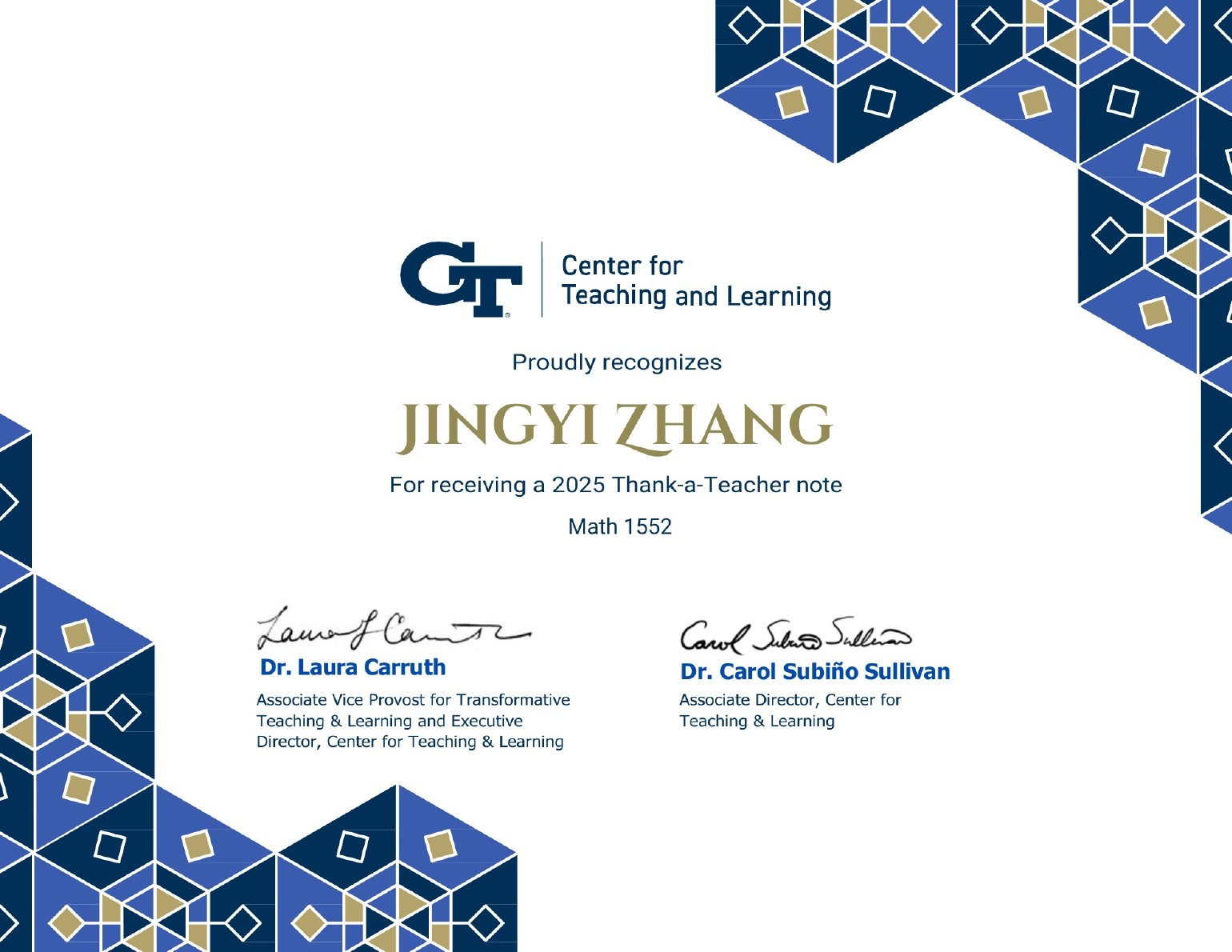 Georgia Tech Thank-a-Teacher certificate for Jingyi Zhang in Math 1552